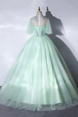 Elegant Green A-Line Princess Evening Prom Dress, A-Line Lace Evening Party Dress