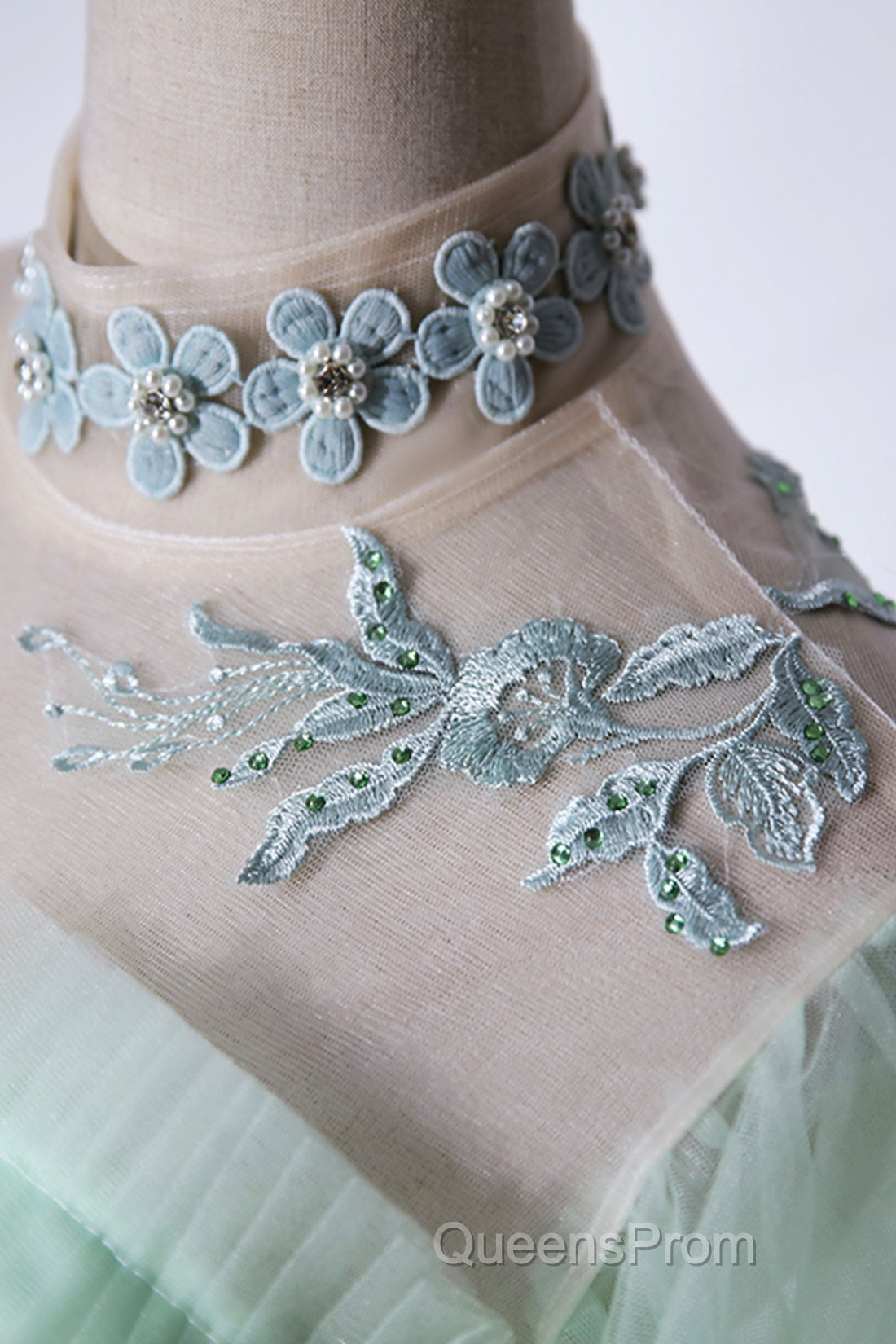 Elegant Green A-Line Princess Evening Prom Dress, A-Line Lace Evening Party Dress
