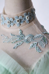 Elegant Green A-Line Princess Evening Prom Dress, A-Line Lace Evening Party Dress