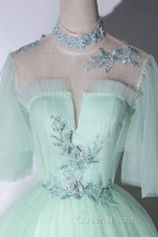 Elegant Green A-Line Princess Evening Prom Dress, A-Line Lace Evening Party Dress