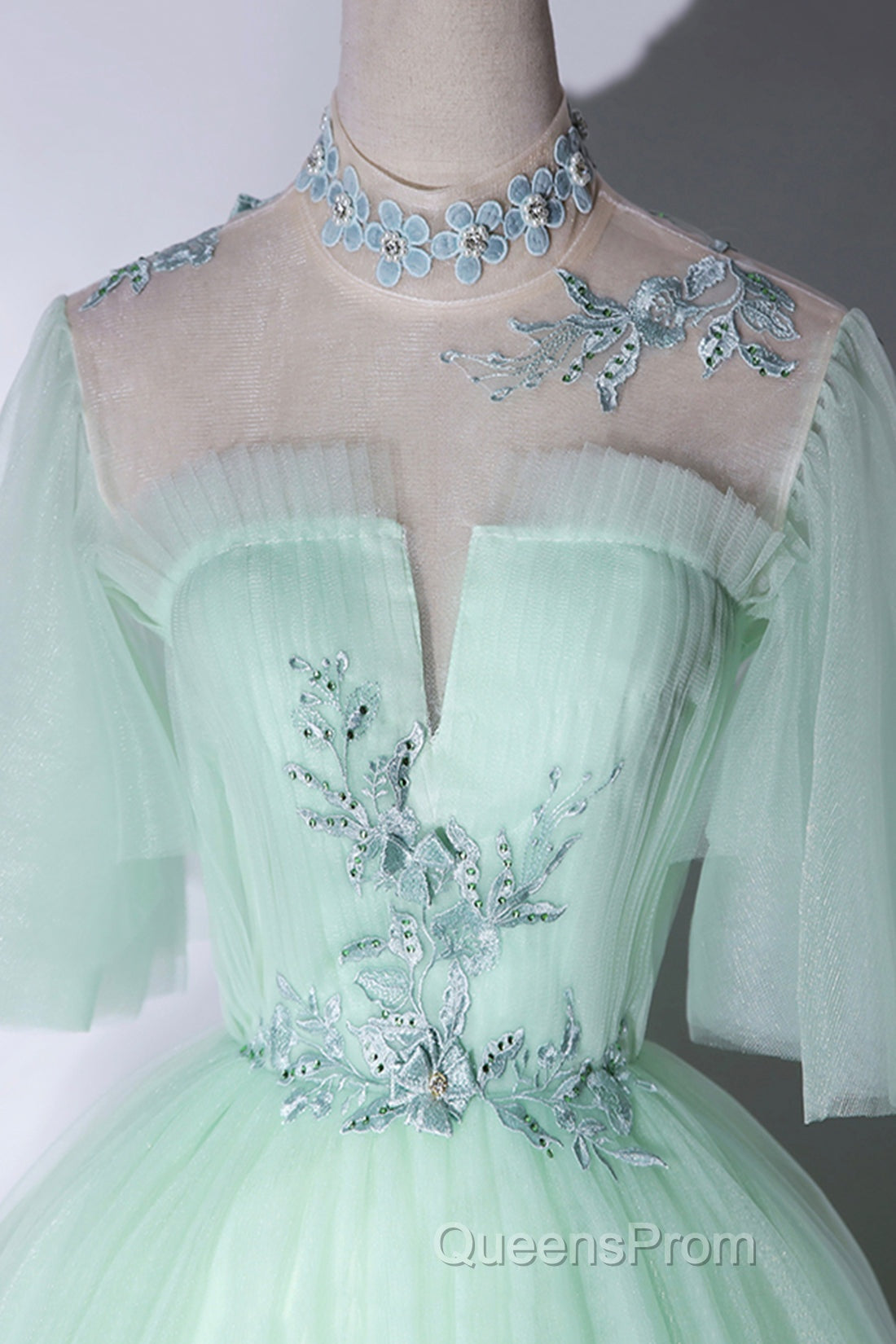 Elegant Green A-Line Princess Evening Prom Dress, A-Line Lace Evening Party Dress