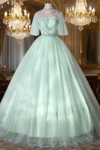 Elegant Green A-Line Princess Evening Prom Dress, A-Line Lace Evening Party Dress