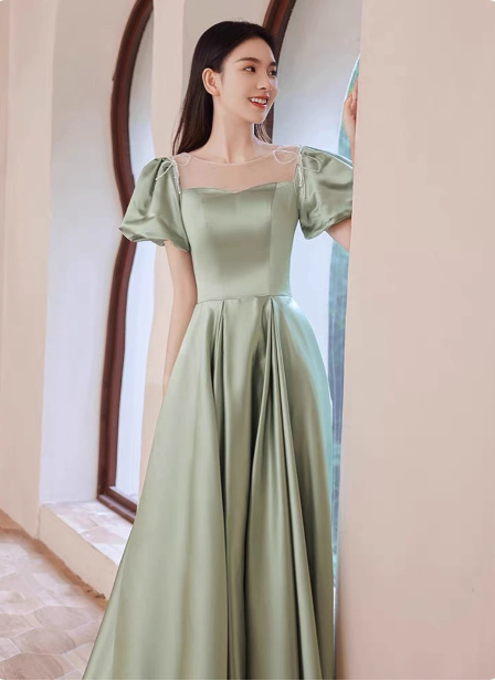 Elegant Green A-Line Puff Sleeve Satin Long Classy Prom Dress Bridesmaid DressP4574 Secondary image