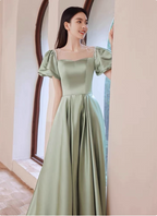 Elegant Green A-Line Puff Sleeve Satin Long Classy Prom Dress Bridesmaid DressP4574