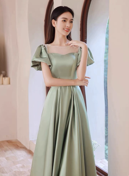 Elegant Green A-Line Puff Sleeve Satin Long Classy Prom Dress Bridesmaid DressP4574