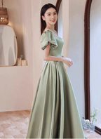 Elegant Green A-Line Puff Sleeve Satin Long Classy Prom Dress Bridesmaid DressP4574