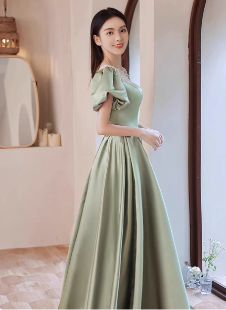 Elegant Green A-Line Puff Sleeve Satin Long Classy Prom Dress Bridesmaid DressP4574