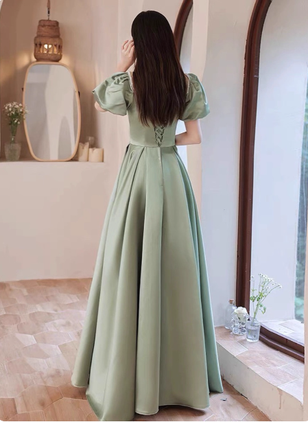 Elegant Green A-Line Puff Sleeve Satin Long Classy Prom Dress Bridesmaid DressP4574