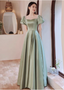 Elegant Green A-Line Puff Sleeve Satin Long Classy Prom Dress Bridesmaid DressP4574