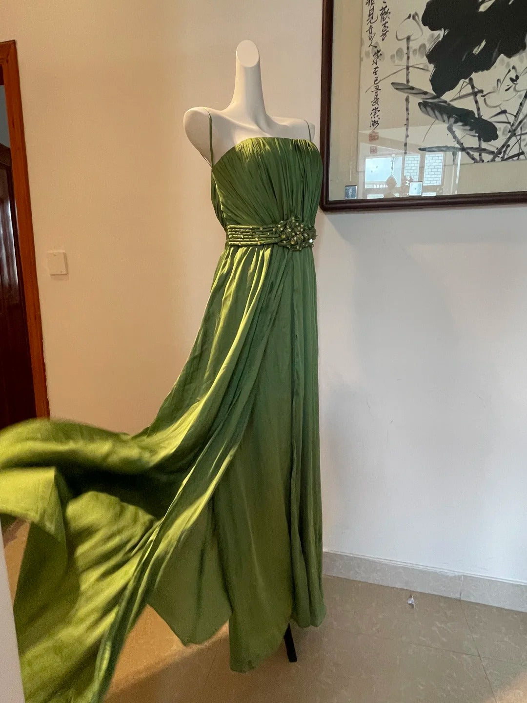 Elegant Green A-Line Spaghetti Strap Pleated Beaded Satin Long Classy Prom Dress Bridesmaid Dress