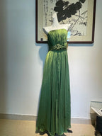 Elegant Green A-Line Spaghetti Strap Pleated Beaded Satin Long Classy Prom Dress Bridesmaid Dress