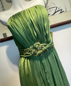 Elegant Green A-Line Spaghetti Strap Pleated Beaded Satin Long Classy Prom Dress Bridesmaid Dress