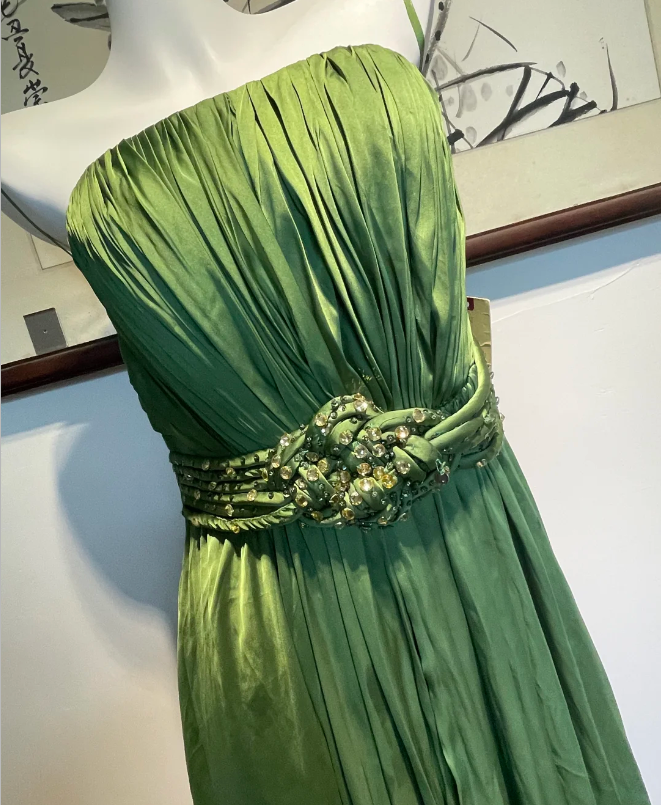 Elegant Green A-Line Spaghetti Strap Pleated Beaded Satin Long Classy Prom Dress Bridesmaid Dress