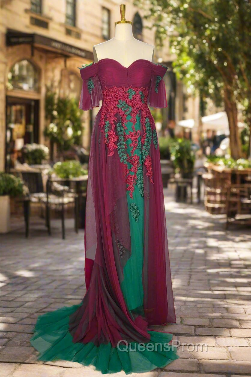 Elegant Green Off The Shoulder Tulle Evening Prom Dress Vintage Evening Prom Gowns Secondary image
