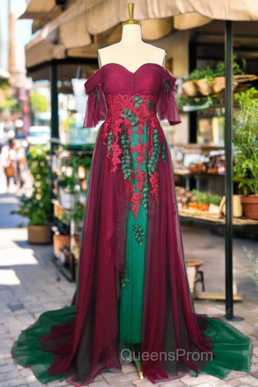 Elegant Green Off The Shoulder Tulle Evening Prom Dress Vintage Evening Prom Gowns