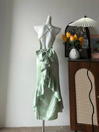 Elegant Green Slim Fit Halter Backless Ruffle Satin Classy Prom Dress