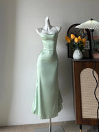 Elegant Green Slim Fit Halter Backless Ruffle Satin Classy Prom Dress