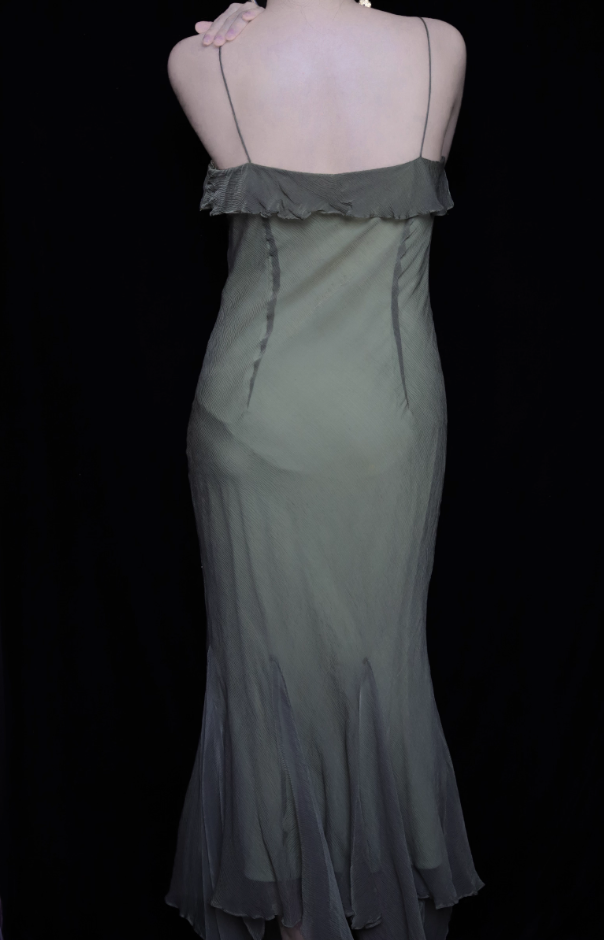 Elegant Green Spaghetti Strap Mermaid Ruffle Sequin Chiffon Long Classy Prom Dress Secondary image