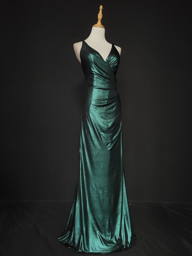 Elegant Green Spaghetti Strap V-Neck Ruffled Satin Long Classy Prom Dress Secondary image
