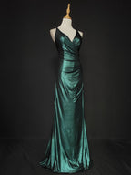 Elegant Green Spaghetti Strap V-Neck Ruffled Satin Long Classy Prom Dress
