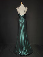 Elegant Green Spaghetti Strap V-Neck Ruffled Satin Long Classy Prom Dress