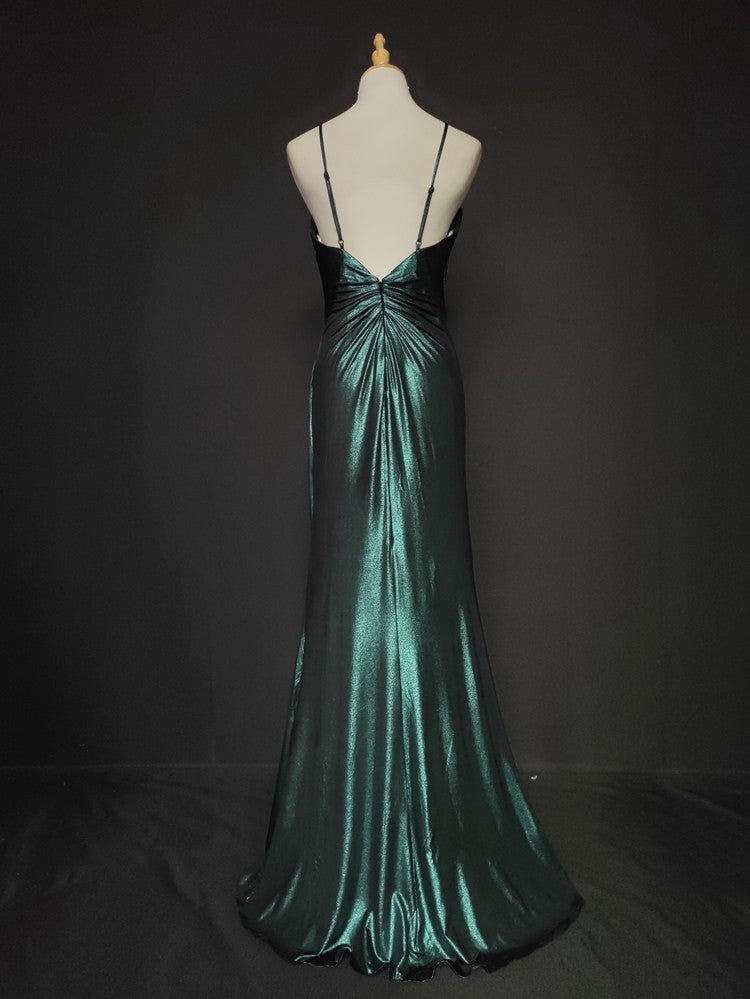 Elegant Green Spaghetti Strap V-Neck Ruffled Satin Long Classy Prom Dress
