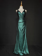Elegant Green Spaghetti Strap V-Neck Ruffled Satin Long Classy Prom Dress