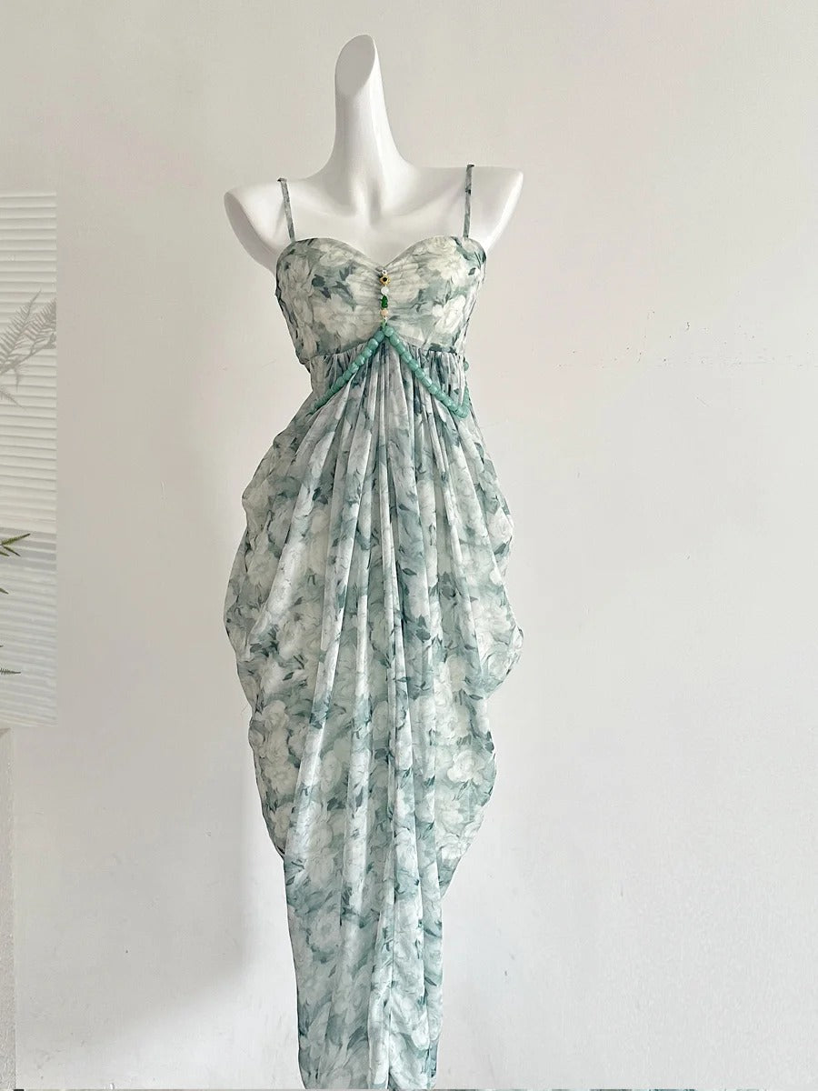 Elegant Green Strap Waist Chiffon Long Classy Prom Dress