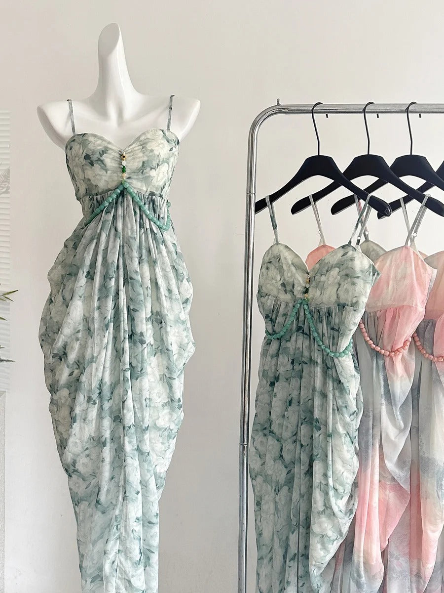 Elegant Green Strap Waist Chiffon Long Classy Prom Dress