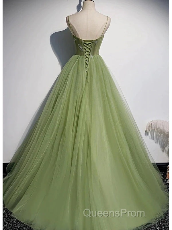 Elegant Green Tulle Spaghetti Straps A-Line Long Evening Prom Dress Formal Dress, Secondary image
