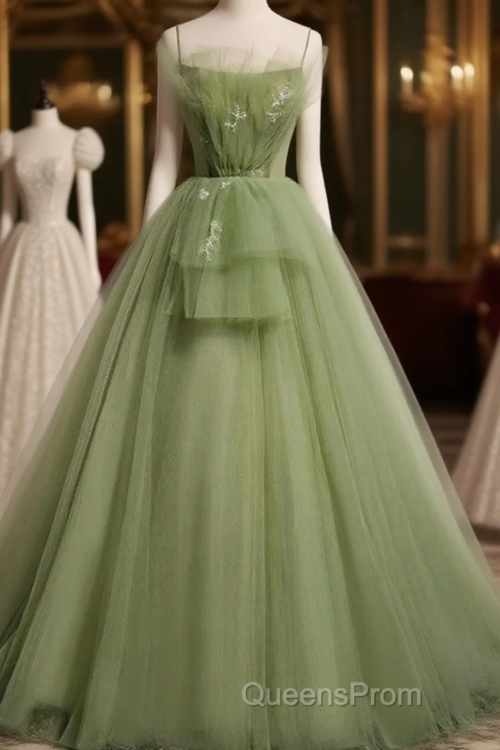 Elegant Green Tulle Spaghetti Straps A-Line Long Evening Prom Dress Formal Dress, Main image