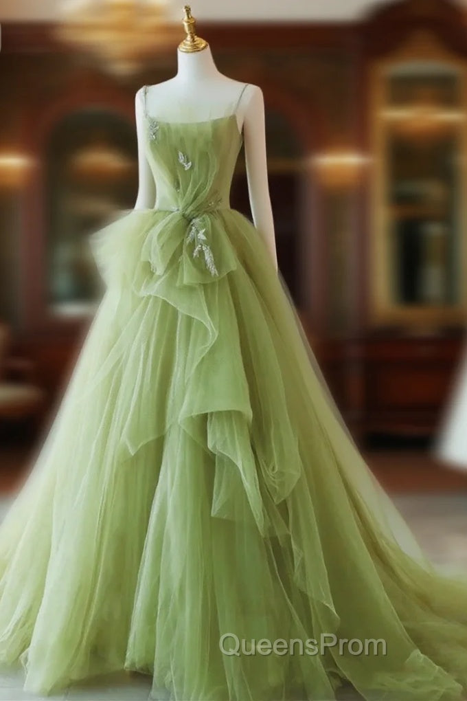 Elegant Green Tulle Straps Long Evening Dress, Green Tulle Evening Dress Party Dress Main image