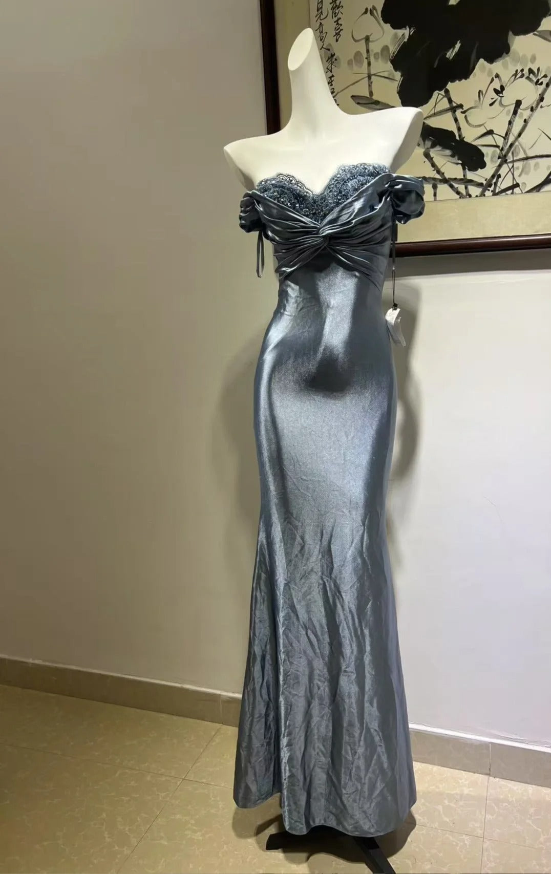Elegant Grey-Blue Lace Knotted Satin Mermaid Long Classy Prom Dress