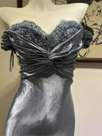 Elegant Grey-Blue Lace Knotted Satin Mermaid Long Classy Prom Dress