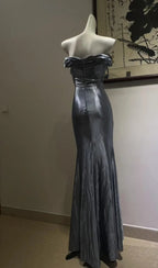 Elegant Grey-Blue Lace Knotted Satin Mermaid Long Classy Prom Dress