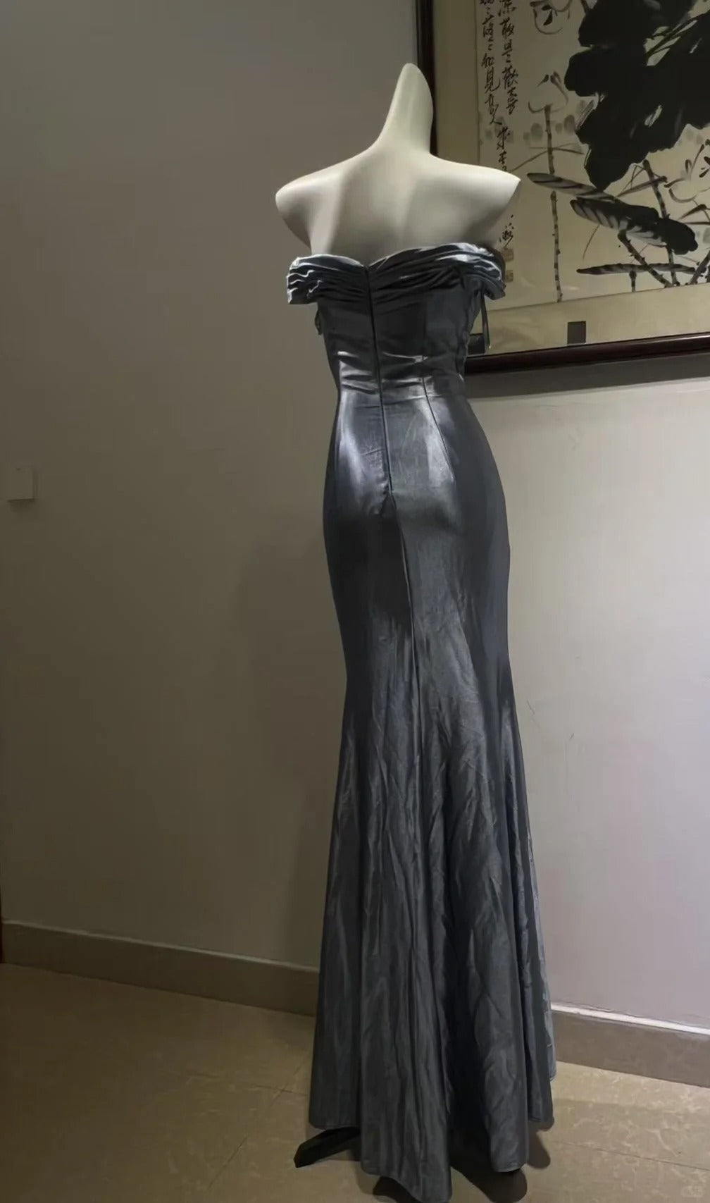Elegant Grey-Blue Lace Knotted Satin Mermaid Long Classy Prom Dress