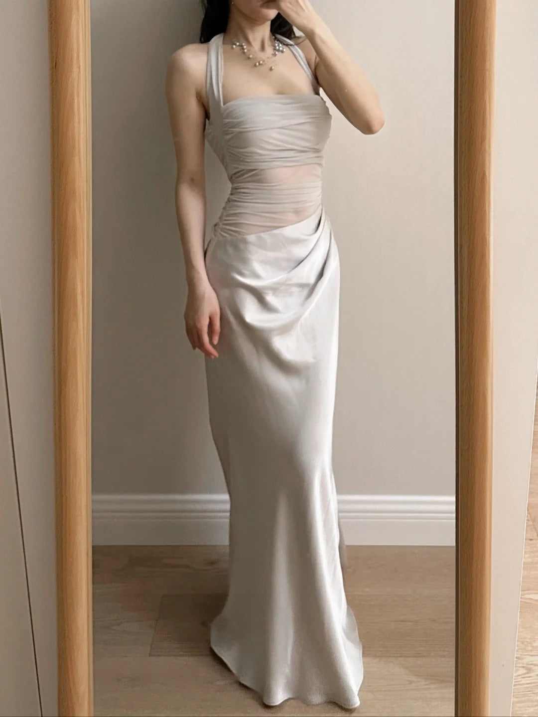 Elegant Grey Mermaid Halter Neck Square Neck Satin Tulle Long Classy Prom Dress