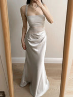Elegant Grey Mermaid Halter Neck Square Neck Satin Tulle Long Classy Prom Dress