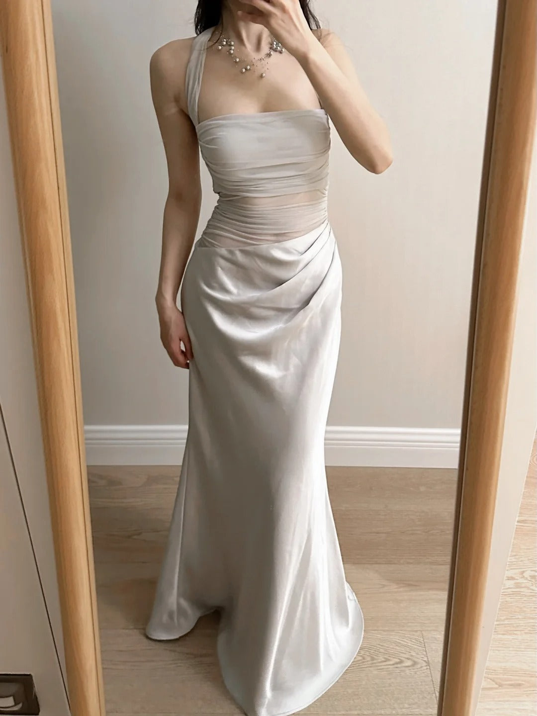 Elegant Grey Mermaid Halter Neck Square Neck Satin Tulle Long Classy Prom Dress