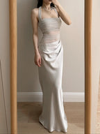 Elegant Grey Mermaid Halter Neck Square Neck Satin Tulle Long Classy Prom Dress