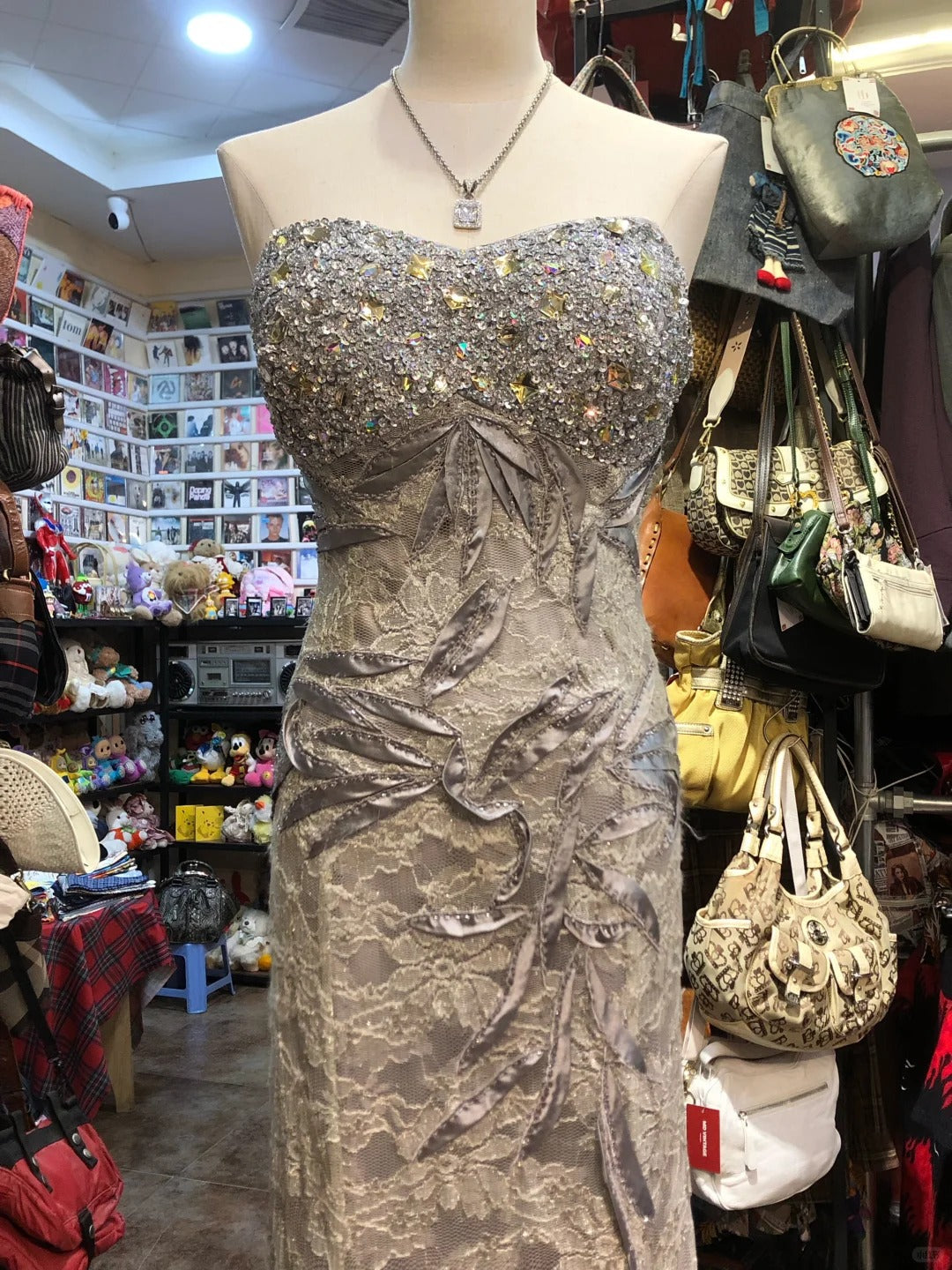 Elegant Grey Mermaid Strapless Sequined Lace Long Classy Prom Dress
