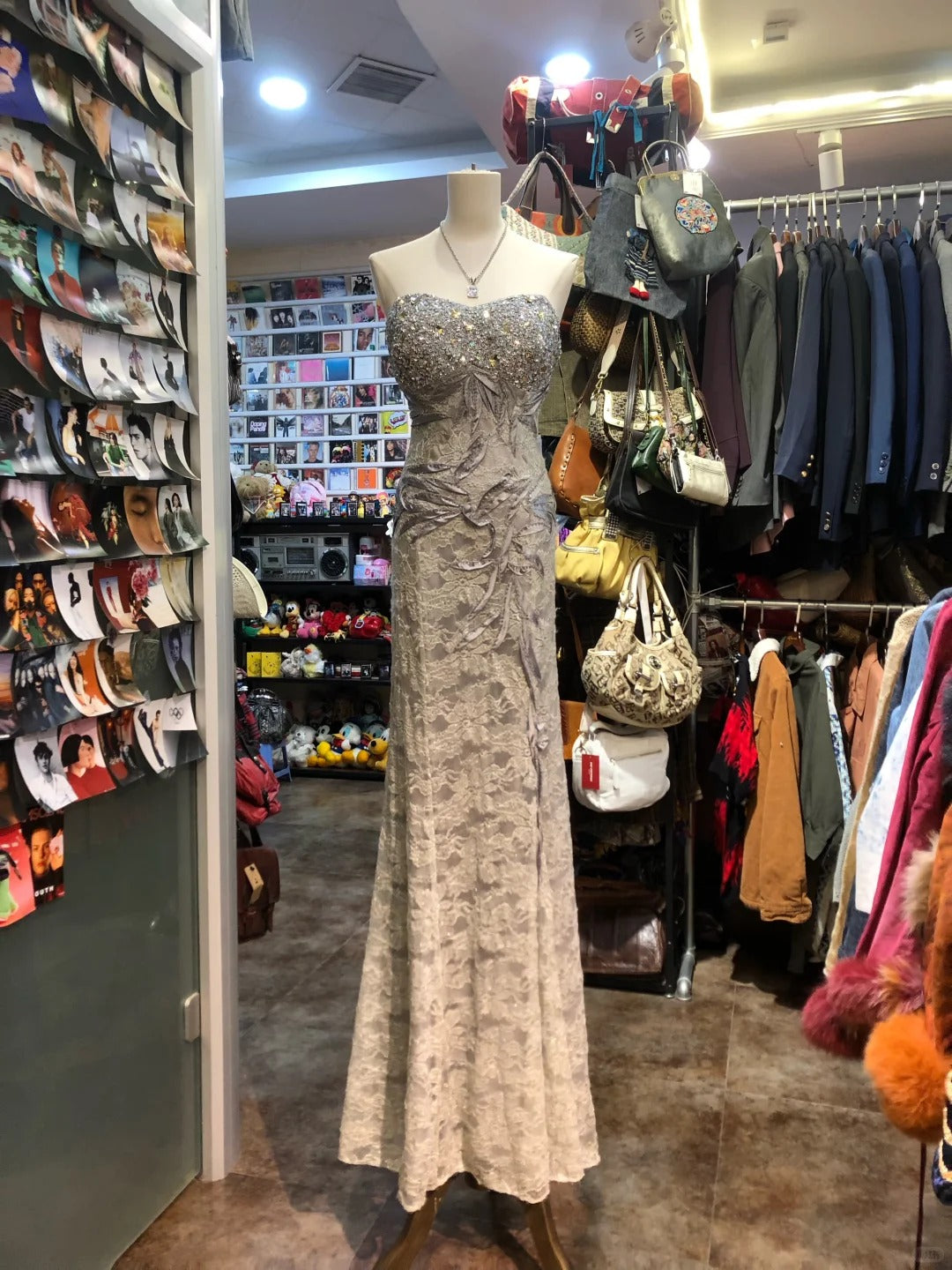 Elegant Grey Mermaid Strapless Sequined Lace Long Classy Prom Dress
