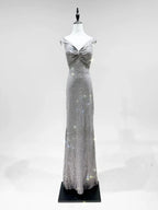 Elegant Grey Mermaid V-Neck Sequined Long Classy Prom Dress