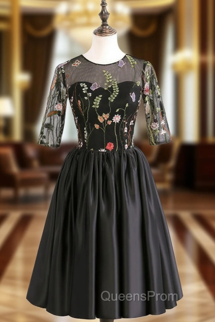 Elegant Half Sleeves Satin Ball Gown Short Sexy See Through Black Evening Prom Dress