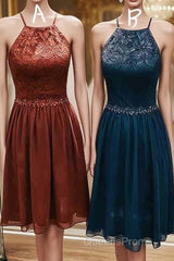 Elegant Halter Lace Teal Cocktail Dress,Fancy Short Dress Evening Prom