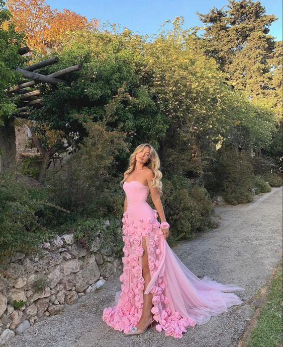 3D Flowers Classy Prom Dress Strapless Split A-Line Dubai Arabia Women Classy Evening Gowns Classy Special Occasion Dress Vestidos