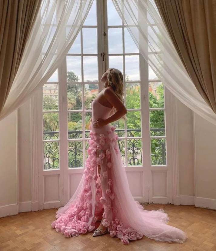 3D Flowers Classy Prom Dress Strapless Split A-Line Dubai Arabia Women Classy Evening Gowns Classy Special Occasion Dress Vestidos