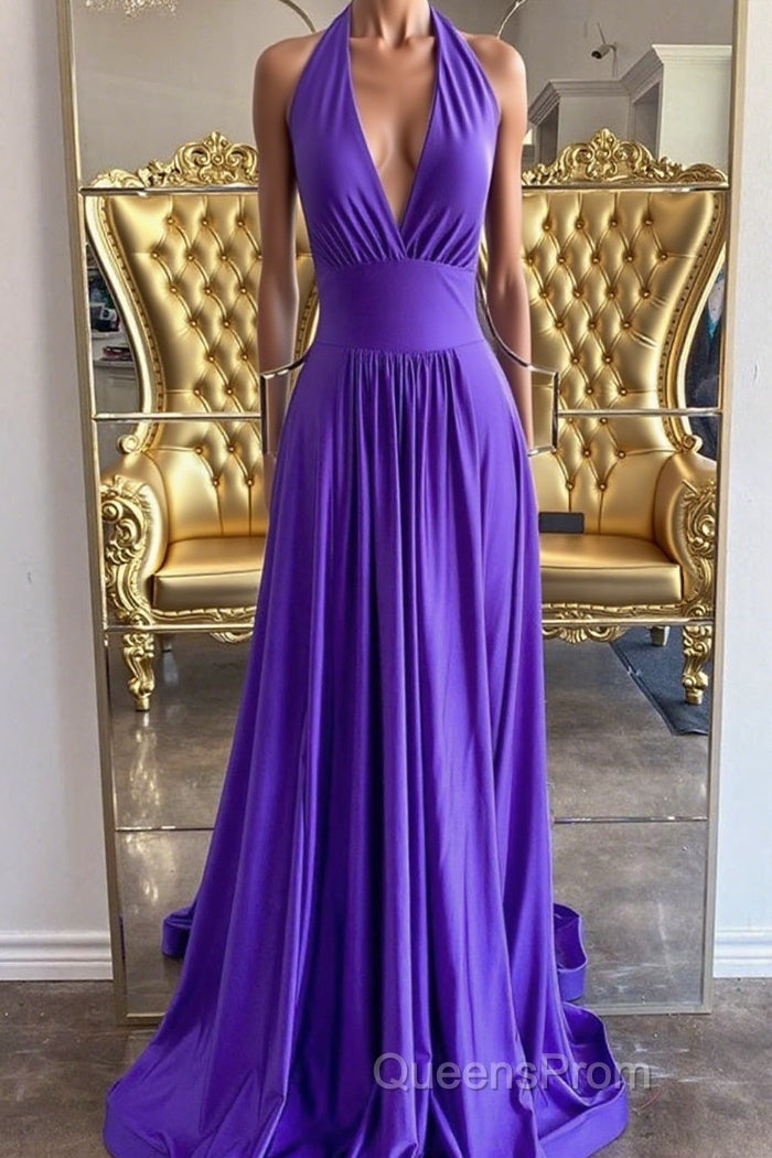 Elegant Halter Neck Backless Purple Long Evening Prom Dress, Backless Purple Formal Graduation Evening Dress Main image