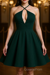 Elegant Halter Neck Dark Green Short Evening Prom Dress, Dark Green Formal Graduation Homecoming Dress