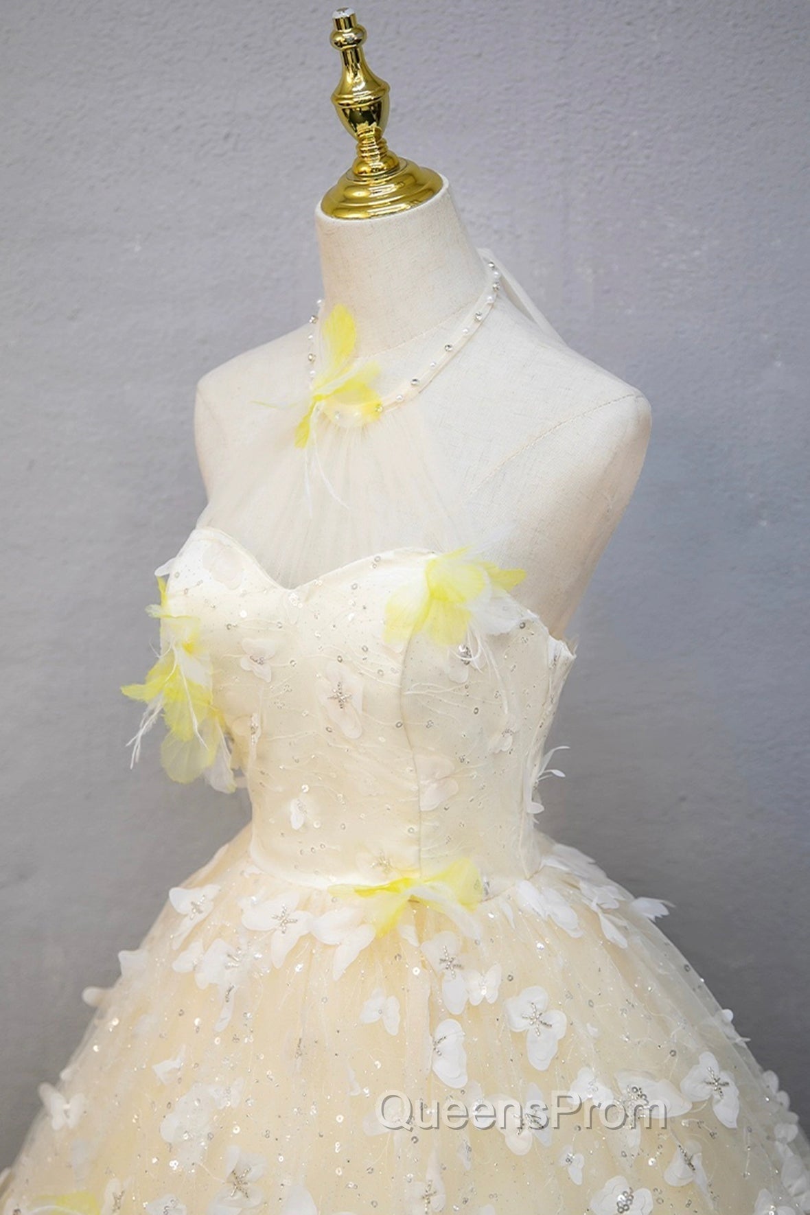 Elegant Halter Neckline Tulle Floor Length Evening Prom Dress, Yellow A-Line Evening Dress Secondary image